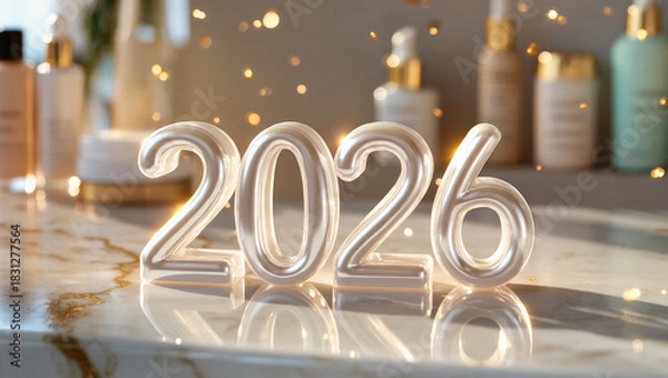 Fototapeta Elegant 2026 glass numbers on marble with sparkling background.
