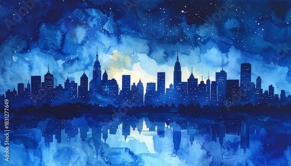 Fototapeta watercolor skyline city silhouette in night blue tone