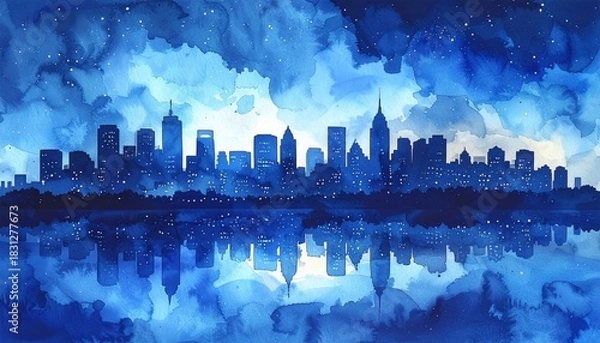 Fototapeta watercolor skyline city silhouette in night blue tone