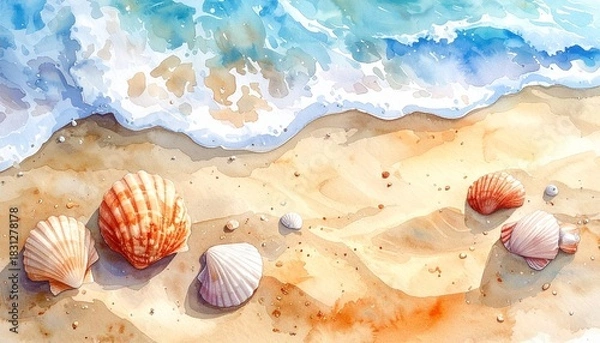 Fototapeta watercolor beach sand texture with seashells