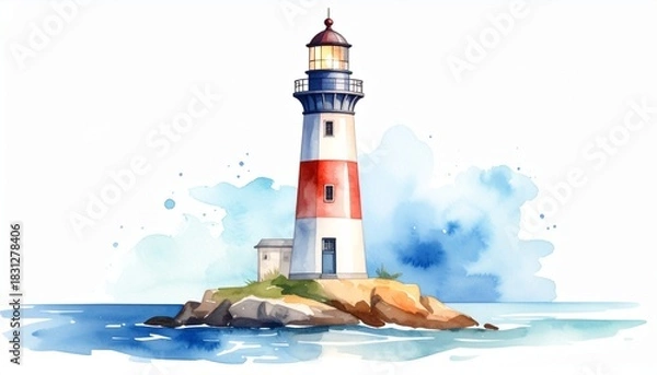 Fototapeta watercolor lighthouse by the sea minimal style 