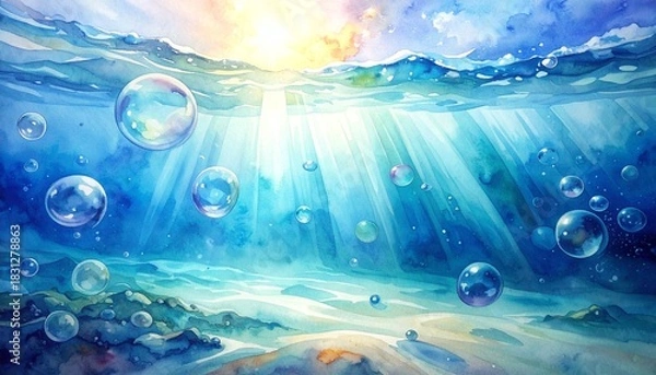 Fototapeta watercolor underwater bubbles and light rays