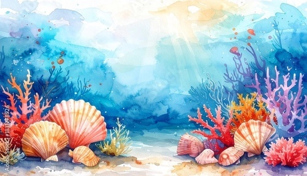 Fototapeta watercolor underwater coral and shells background