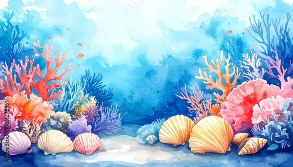 Fototapeta watercolor underwater coral and shells background