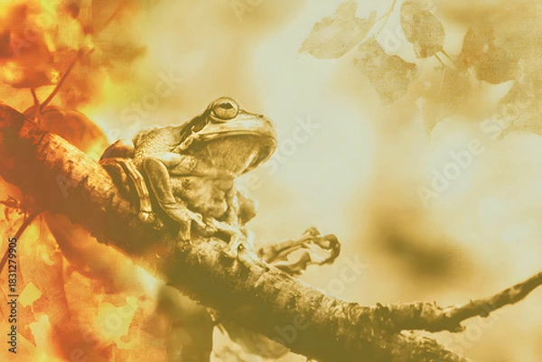 Fototapeta Frog on a Branch with Golden Light and Artistic Leaves