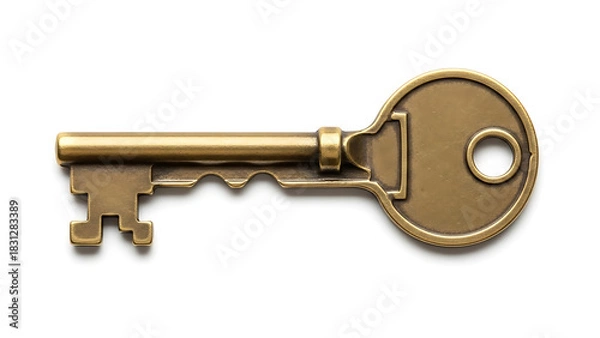 Fototapeta Antique Brass Key Isolated on White Background - Symbol of Access and Opportunity