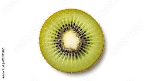 Fototapeta Slice of fresh green kiwi fruit with black seeds on a white background