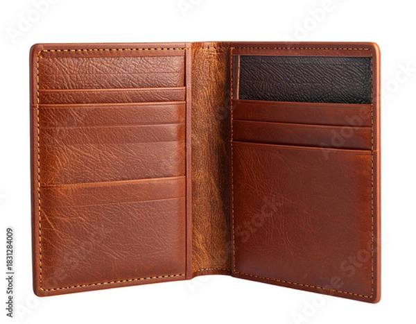 Fototapeta Angled Side Perspective of Brown Leather Passport Cover with Open Flap, PNG Isolated