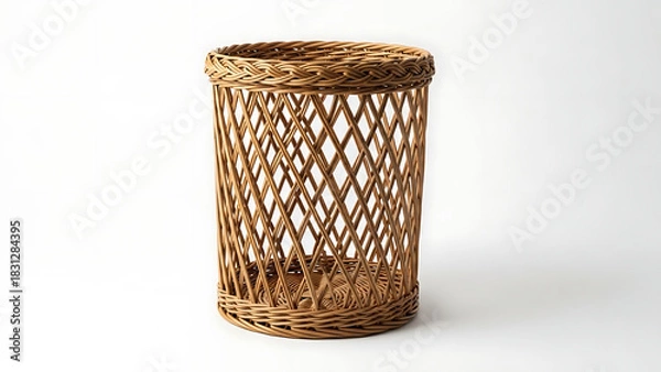 Fototapeta Woven wicker cylindrical basket with a latticed pattern against a white background