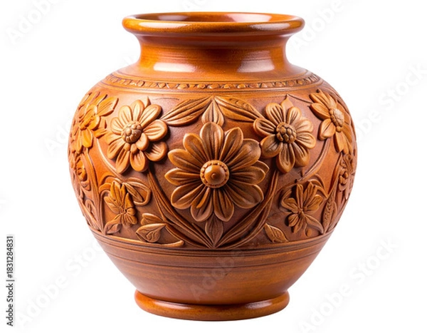 Fototapeta Decorative Floral Terracotta Vase Front View with Carved Pattern, Transparent PNG