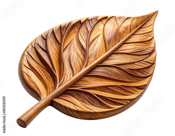 Fototapeta Angled Side Perspective of Handcrafted Wooden Leaf, Textured Grain, PNG Isolated