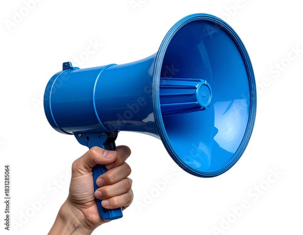 Fototapeta Side View of Hand Raising Blue Megaphone Upward, Dynamic Angle, PNG Isolated