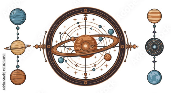 Fototapeta Celestial orrery illustration depicting planets in orbit creating a cosmic display for astrology enthusiasts astronomical diagrams or educational materials.