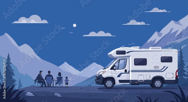 Fototapeta family camping with rv at night father mother and child enjoy the wilderness surrounded by mountains perfect for travel and leisure ads