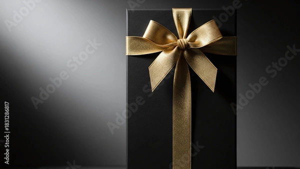 Obraz Tall Rectangular Gift Box in Matte Black with Gold Ribbon and Dramatic Lighting
