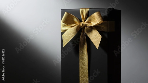 Obraz Tall Rectangular Gift Box in Matte Black with Gold Ribbon and Dramatic Lighting