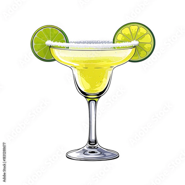 Fototapeta Refreshing lime margarita cocktail with salt rim and citrus slices illustration isolated on transparent background