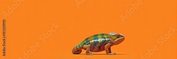 Fototapeta Colorful Chameleon with White Stripe on a Solid Orange Background