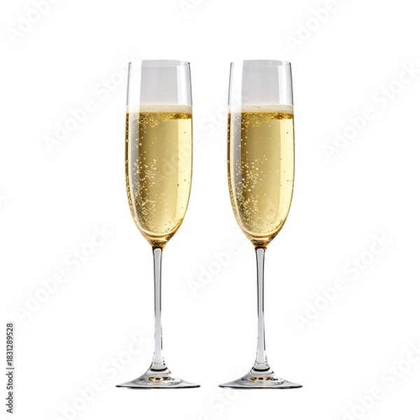 Fototapeta Pair of elegant champagne flutes brimming with sparkling golden liquid isolated. isolated on transparent background