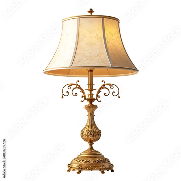 Fototapeta Ornate vintage golden table lamp with classical design and glowing warm light isolated on transparent background