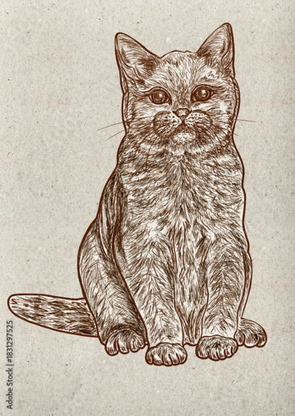 Fototapeta Vintage Sketch of Sitting Cat. Detailed hand drawn cat illustration featuring fine line art and textured paper background