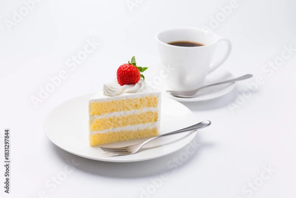 Obraz 皿に盛られたケーキとコーヒー ショートケーキ 白背景