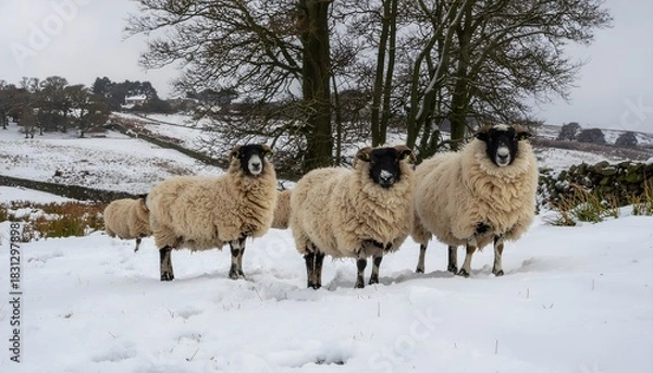 Obraz Hardy black-faced sheep standing in deep snow during wintertime