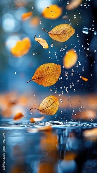 Fototapeta Close-up of golden autumn leaves and water droplets falling into a body of water, creating reflections. The scene evokes a sense of tranquility and the beauty o