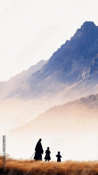 Fototapeta Silhouette of a family walking on a grassy field with mountains in the background, creating a serene and peaceful atmosphere.