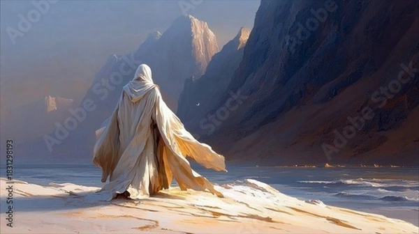 Fototapeta A lone figure in a white hooded cape stands on a sandy beach, gazing towards mountains in the distance. The scene is bathed in soft, atmospheric light.