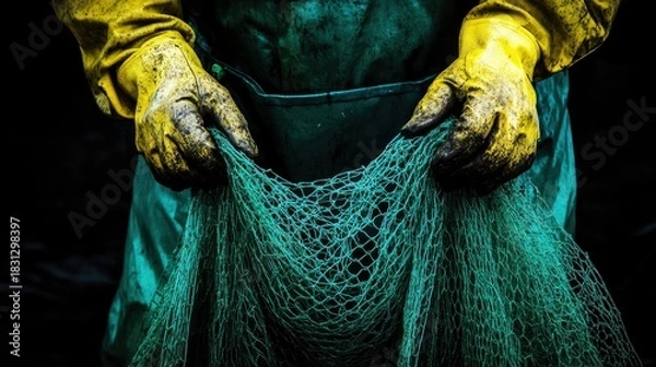 Fototapeta Close-up of a fisherman holding a fishing net, wearing yellow gloves and a green apron. The image has dramatic lighting and a dark background.