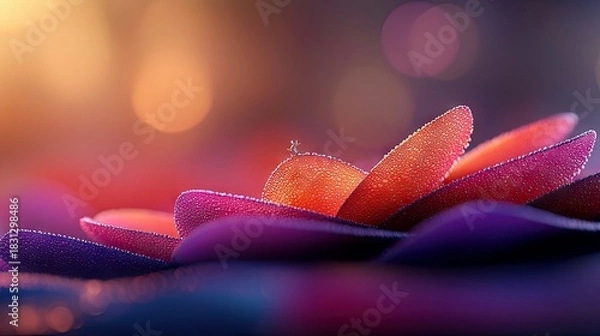 Fototapeta Close-up of vibrant flower petals with water droplets, soft focus, and bokeh background, creating a dreamy and artistic effect.