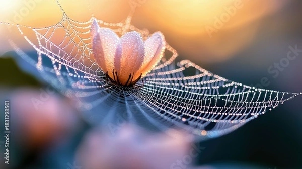 Fototapeta A close-up shot of a delicate flower resting on a spiderweb, covered in glistening dew drops, bathed in soft, natural light.