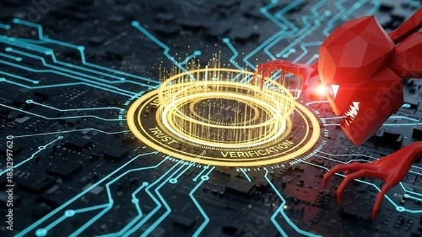 Obraz Cybersecurity threat concept with red robot attacking digital system.