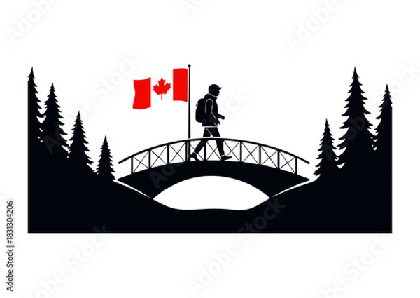 Fototapeta A minimalist silhouette of a backpacker carrying a Canadian flag while crossing a scenic bridge in a pine forest, symbolizing adventure and travel in Canada