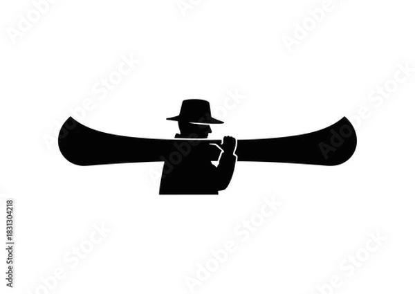 Fototapeta Black silhouette icon of an adventurer or ranger in a hat carrying a canoe, an emblem for outdoor recreation and wilderness travel