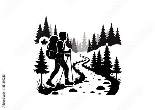 Fototapeta Monochrome silhouette illustration of a dedicated hiker traversing a winding forest trail, capturing the essence of wilderness exploration and the serene beauty of the great outdoors