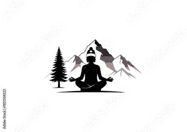 Fototapeta Silhouette of a person in a yoga lotus pose meditating in a serene mountain landscape with a pine tree, symbolizing wellness and mindfulness