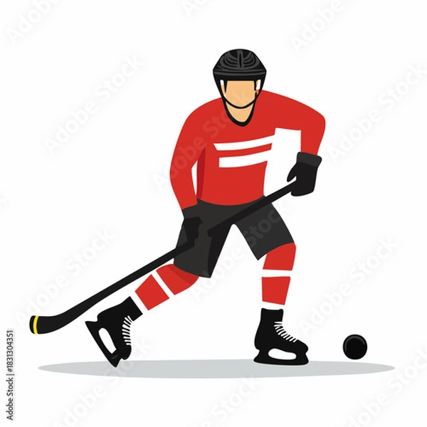 Fototapeta Dynamic illustration of ice hockey player in red uniform, helmet, skates, moving puck with stick on ice, capturing fast-paced winter sports spirit