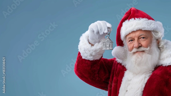 Obraz Elderly man with white beard dressed in festive red attire holds a decorative keychain shaped like a house, embodying the spirit of holiday cheer and gift-giving traditions