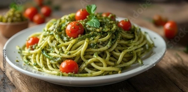 Fototapeta Classic Spaghetti with Fresh Basil Pesto and Cherry Tomatoes on Rustic Wooden Table