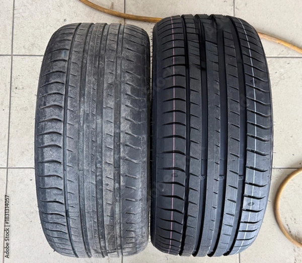 Obraz New and worn tires are displayed together, highlighting differences in tread patterns and wear