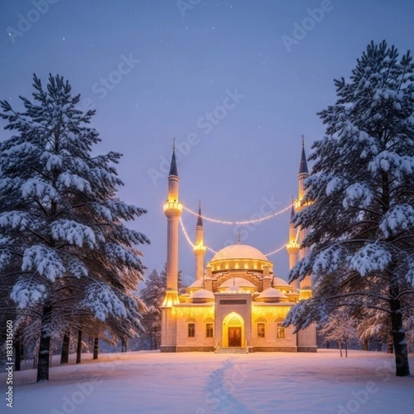 Fototapeta Snowy Mosque at Night: A serene winter scene of a mosque illuminated against a twilight sky.
