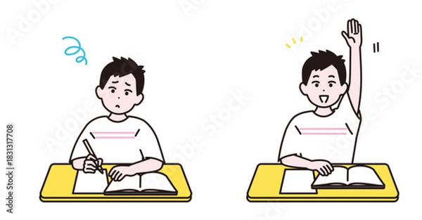 Fototapeta 男の子が悩む、手を挙げる、理解する様子のイラストセット