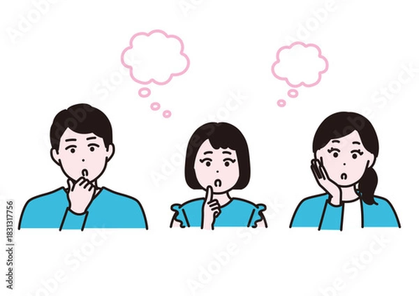 Fototapeta 話を聞き、考える若い親子のイメージイラスト