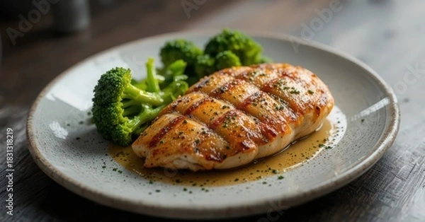 Fototapeta Juicy grilled chicken breast glazed with savory herb butter sauce, served with bright green steamed broccoli florets on a rustic plate.