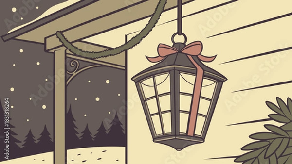 Obraz Antique metal cage lantern with red background and falling snow