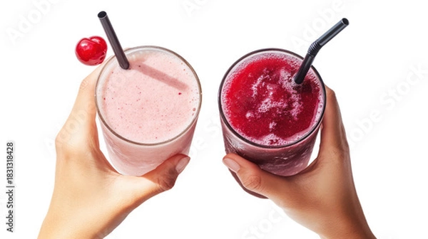 Obraz Two hands holding up glass of coconut smoothie and cherry soda on transparent background