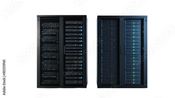 Obraz Two server racks with blinking lights isolated on transparent background