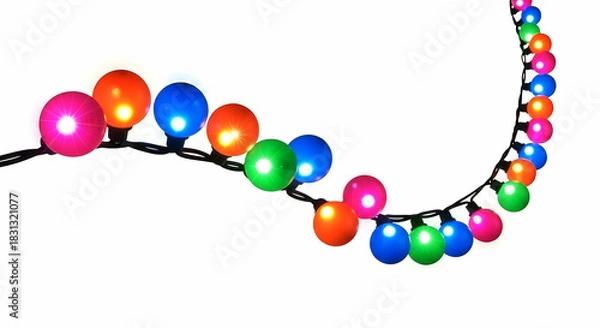 Fototapeta String of colorful glowing party lights on white background image